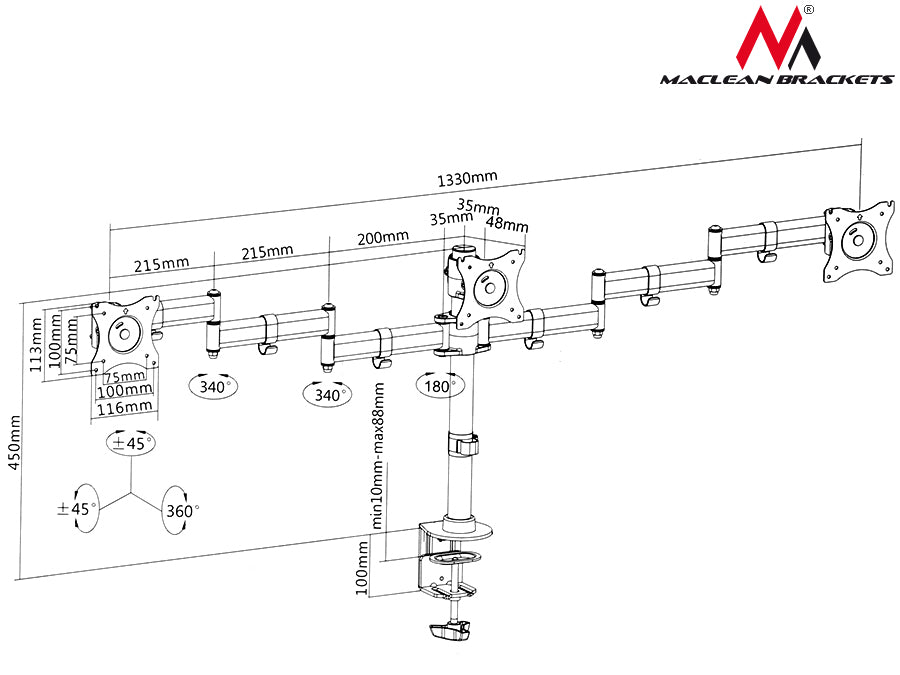 Supporto Da Tavolo Per Tre Monitor 13"-27" 8kg, Vesa 75x75 e 100x100 Maclean MC-691