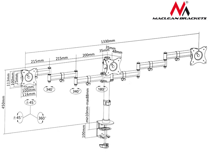 Supporto Da Tavolo Per Tre Monitor 13"-27" 8kg, Vesa 75x75 e 100x100 Maclean MC-691