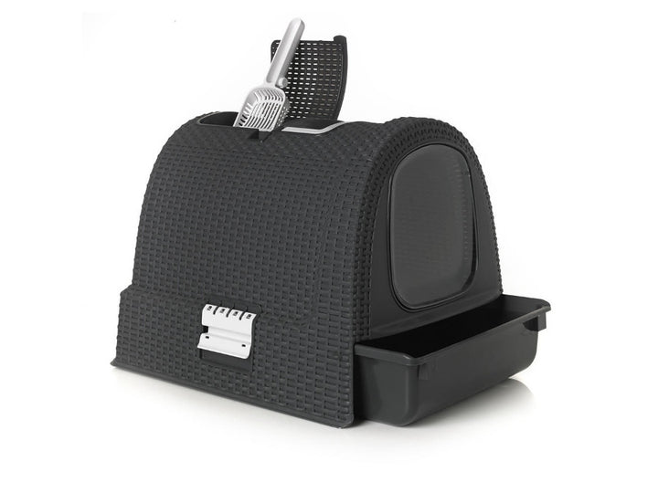 Lettiera Gatto Curver Litter Box Vimini Rattan Finto  Filtro al Carbone Paletta Igienica Grigio