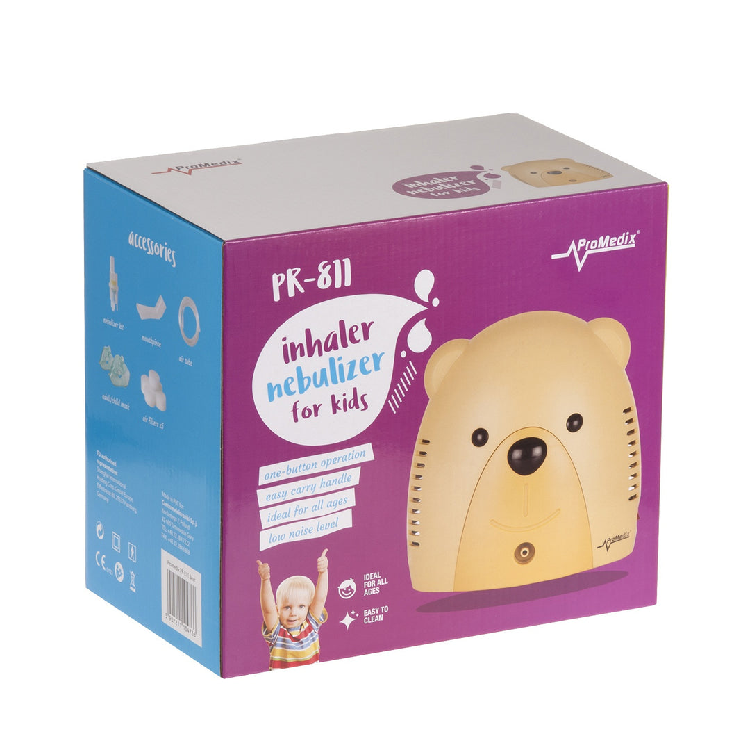 Inalatore per bambini Promedix PR-811 misiek, set nebulizator, maschere, filterski