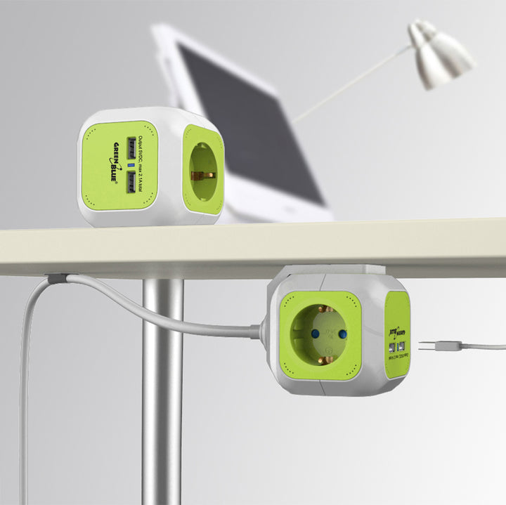 Presa Multipla con 2 porte USB con protezione per bambini 1,4 m Green Blue GB118G
