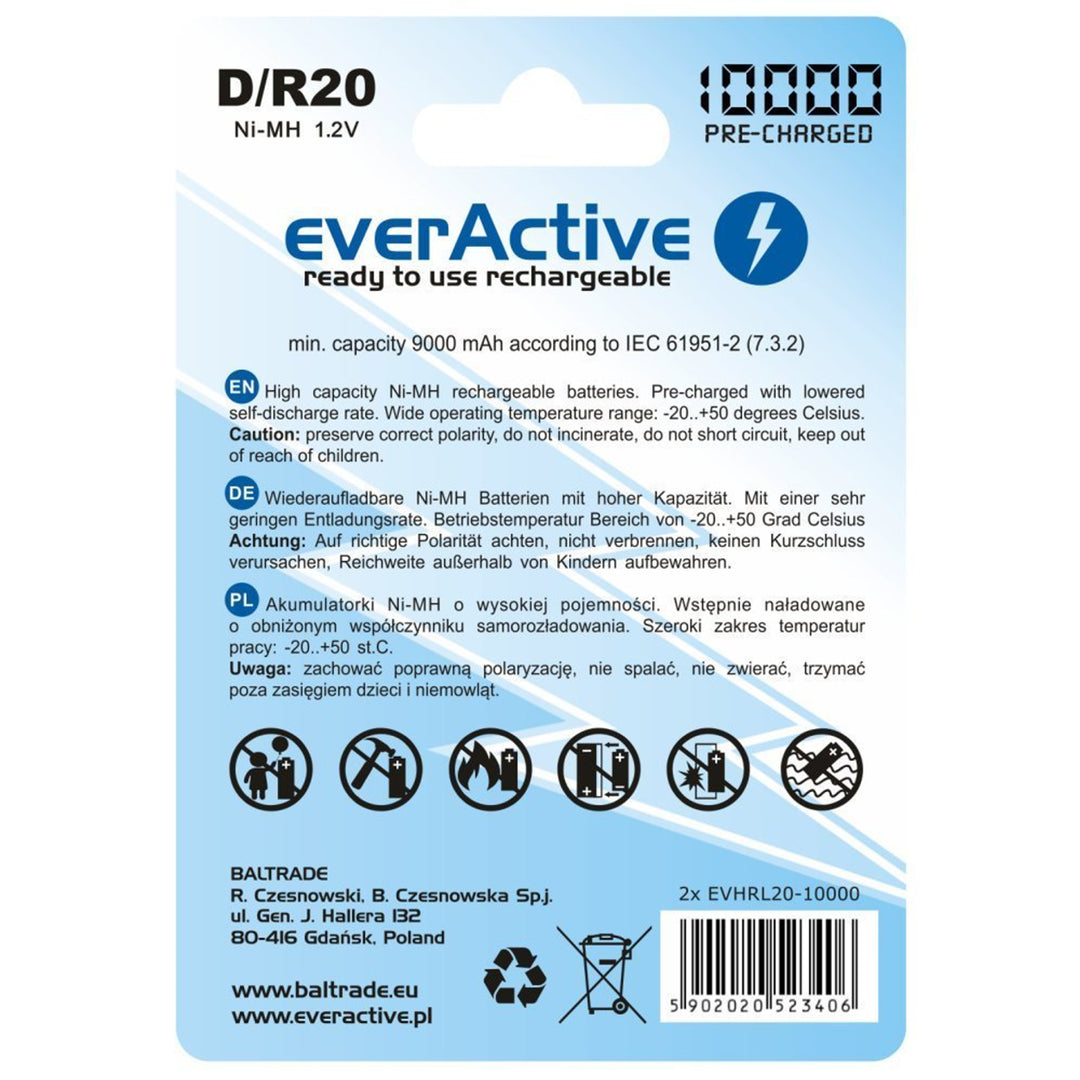 2x R20 D 10000mAh Ricaricabili everActive Professional