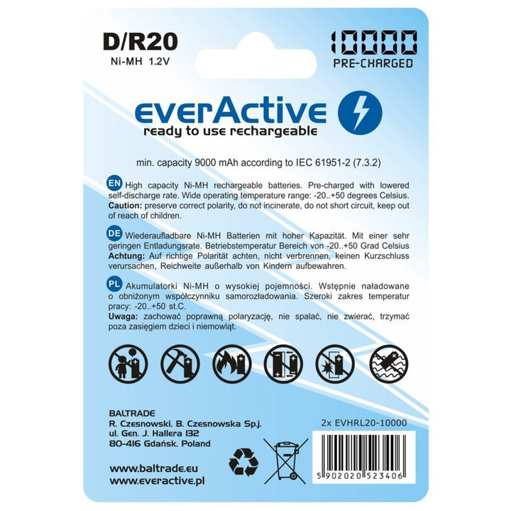 2x R20 D 10000mAh Ricaricabili everActive Professional