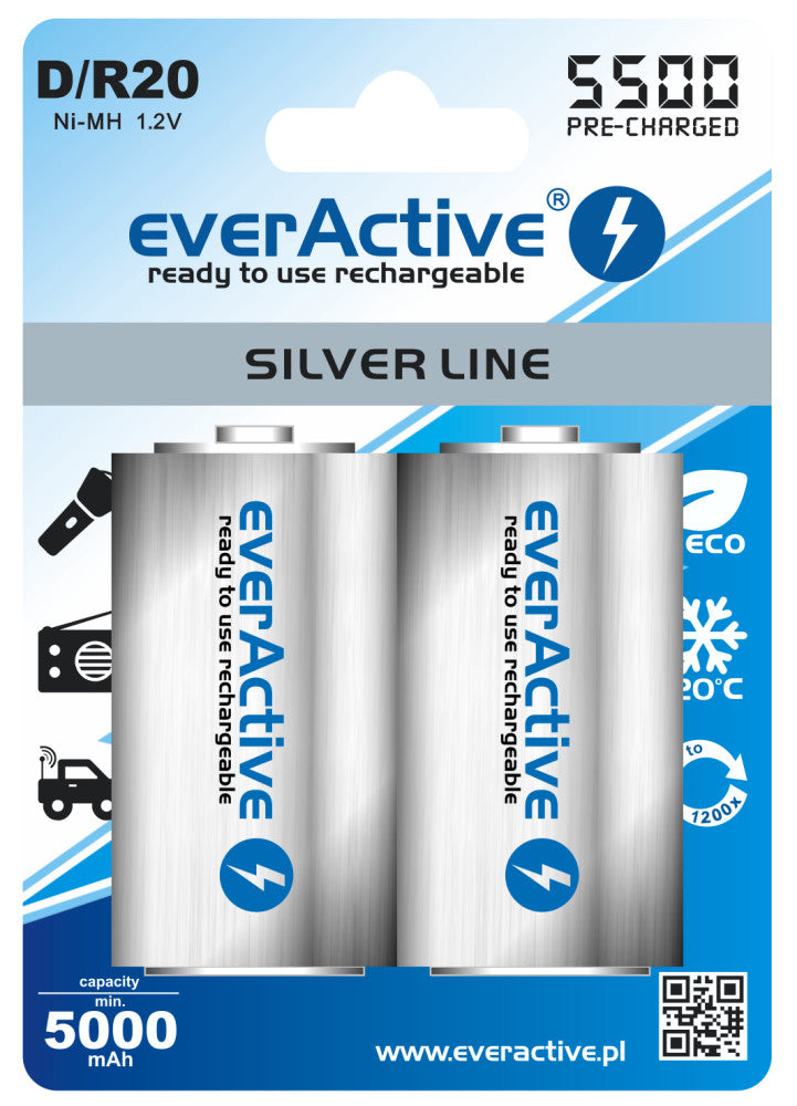 Batteria a 2 pezzi (1 blister) - R20 D 5500mAh everActive Silver Line ricaricabile