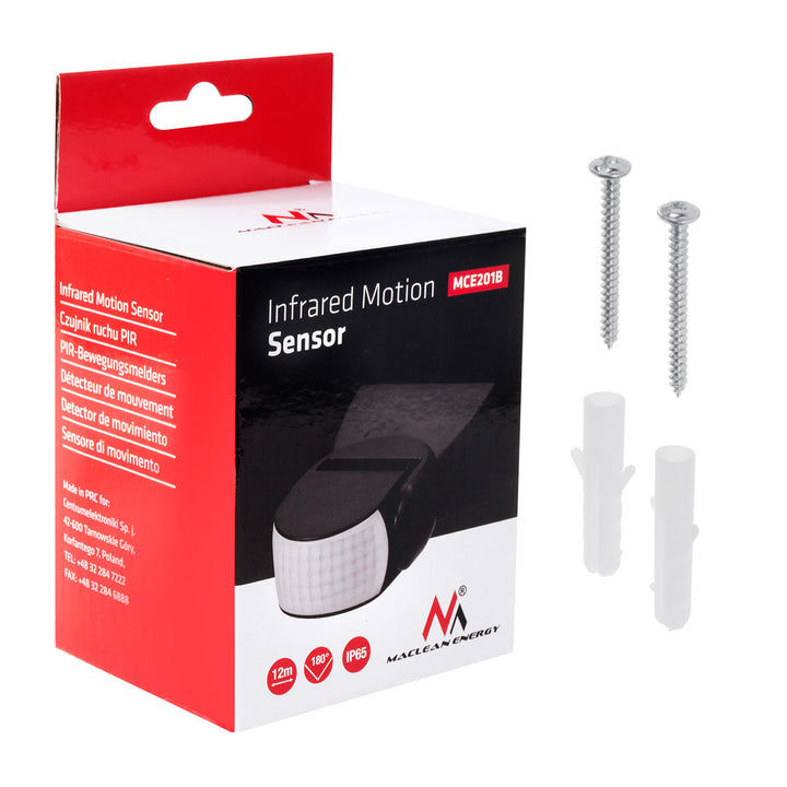 Rilevatore di movimento a infrarossi PIR moderno Maclean Energy MCE201B gamma 12m nero IP65