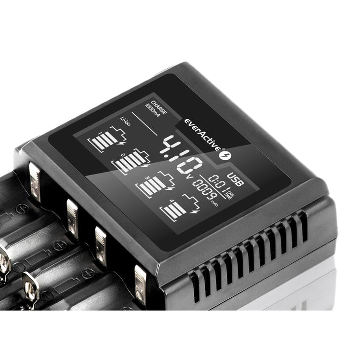 Caricabatterie per batterie cilindriche Li-ion e Ni-MH everActive UC-4000 ricaricabili