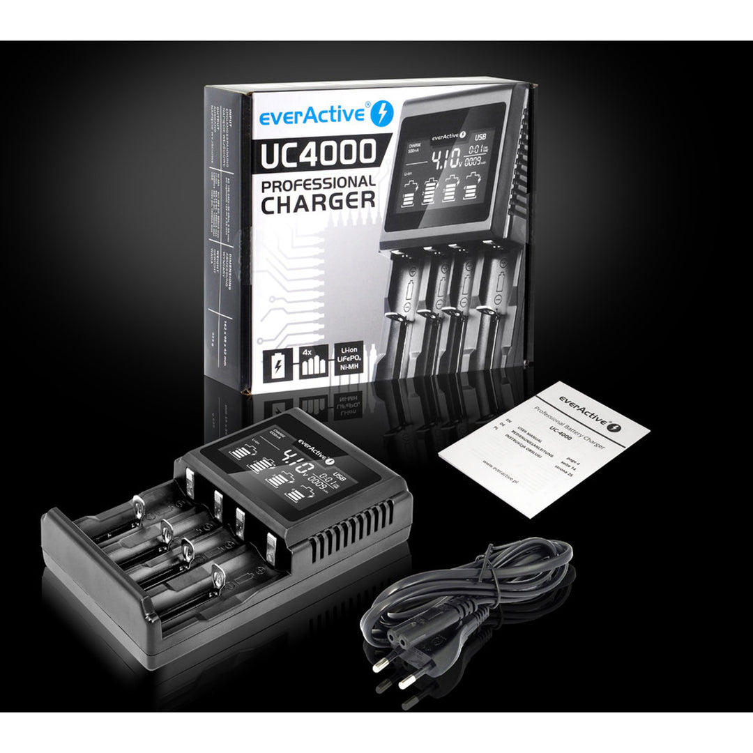 Caricabatterie per batterie cilindriche Li-ion e Ni-MH everActive UC-4000 ricaricabili
