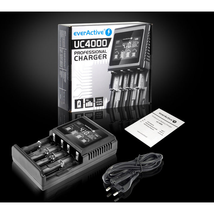 Caricabatterie per batterie cilindriche Li-ion e Ni-MH everActive UC-4000 ricaricabili
