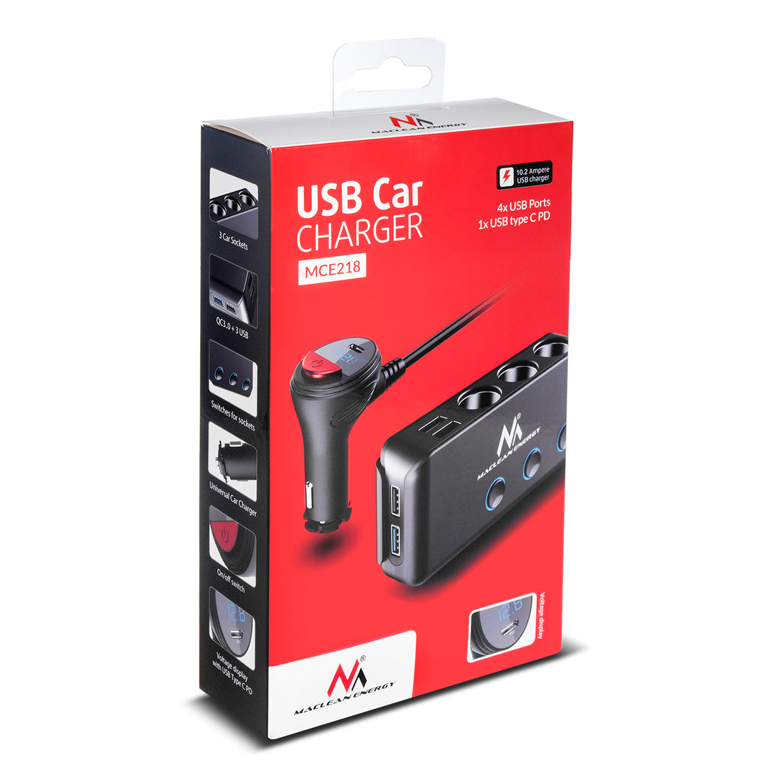 Splitter per presa accendisigari, voltmetro, 3 prese accendisigari, 1x Charge Quick 3.0, 3xUSB 6.8A, 1x Power Delivery 18W, Maclean MCE218, Max 120W