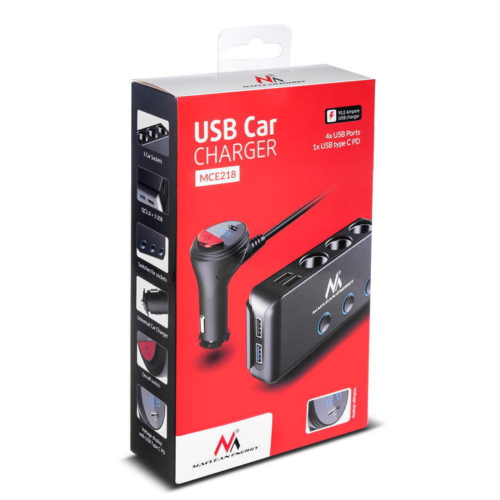 Splitter per presa accendisigari, voltmetro, 3 prese accendisigari, 1x Charge Quick 3.0, 3xUSB 6.8A, 1x Power Delivery 18W, Maclean MCE218, Max 120W