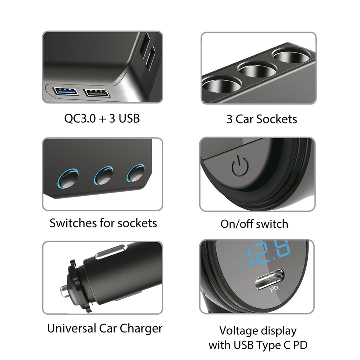 Splitter per presa accendisigari, voltmetro, 3 prese accendisigari, 1x Charge Quick 3.0, 3xUSB 6.8A, 1x Power Delivery 18W, Maclean MCE218, Max 120W
