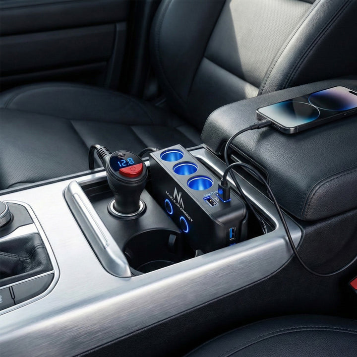 Splitter per presa accendisigari, voltmetro, 3 prese accendisigari, 1x Charge Quick 3.0, 3xUSB 6.8A, 1x Power Delivery 18W, Maclean MCE218, Max 120W