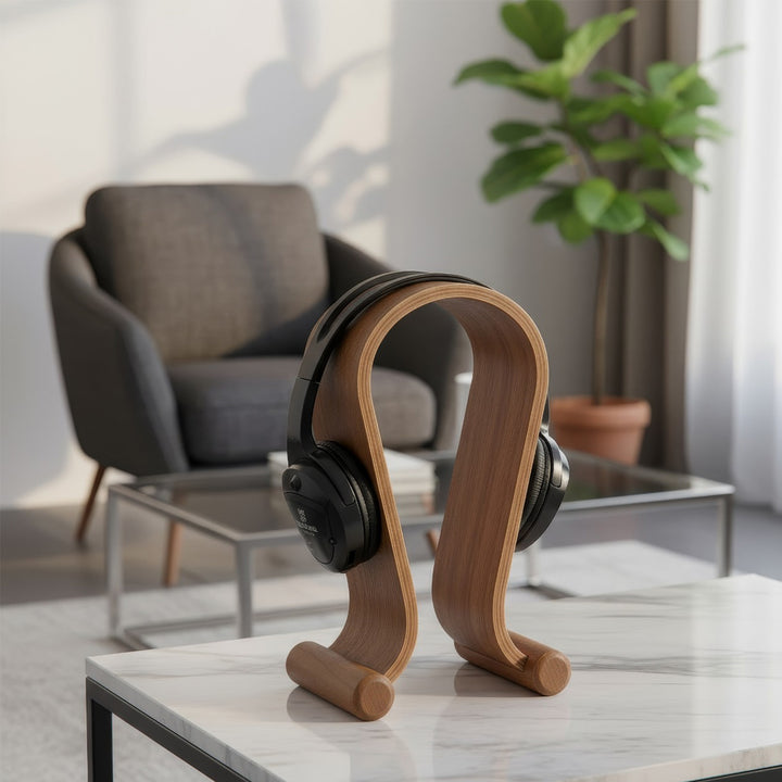 Supporto per cuffie Maclean MC-815W, in legno, color noce