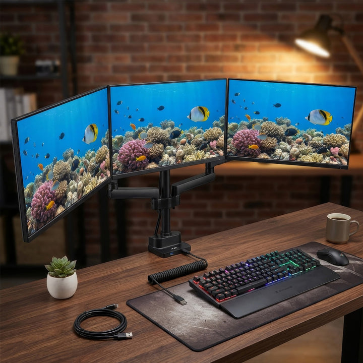Supporto da tavolo per 3 monitor LED LCD con 2x USB 3.0 17-27 "3x7kg VESA 75x75 e 100x100 Maclean MC-811