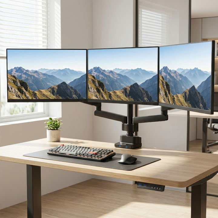 Supporto da tavolo per 3 monitor LED LCD con 2x USB 3.0 17-27 "3x7kg VESA 75x75 e 100x100 Maclean MC-811