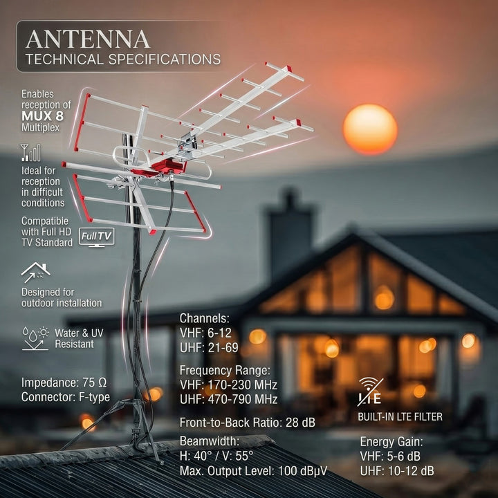 Antenna esterna TV DVB-T Combo UHF VHF passivo max 100dBμV Maclean MCTV-855