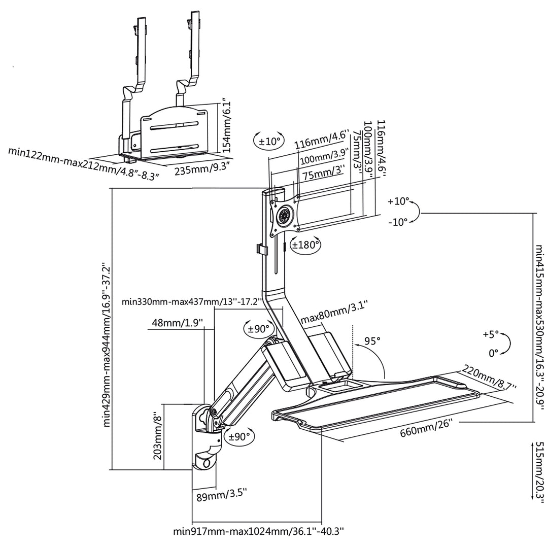 Supporto da parete per monitor e tastiera Maclean MC-838 con molla a gas e supporto per computer / CPU 17 "-32" 9 kg