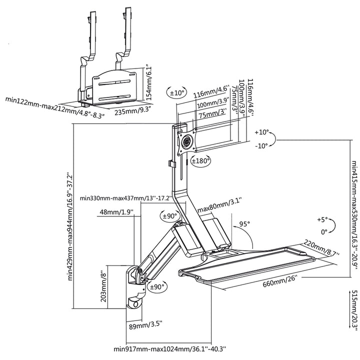 Supporto da parete per monitor e tastiera Maclean MC-838 con molla a gas e supporto per computer / CPU 17 "-32" 9 kg