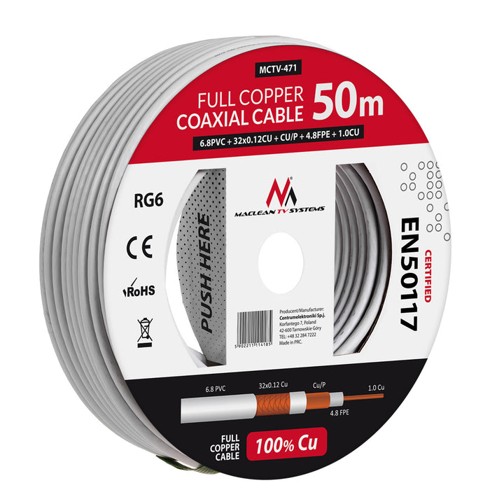 Cavo coassiale cavo RG6 50M Maclean MCTV-471 1.02CU + 4.8FPE + CU / P + 32 * 0.12CU + 6.8PVC