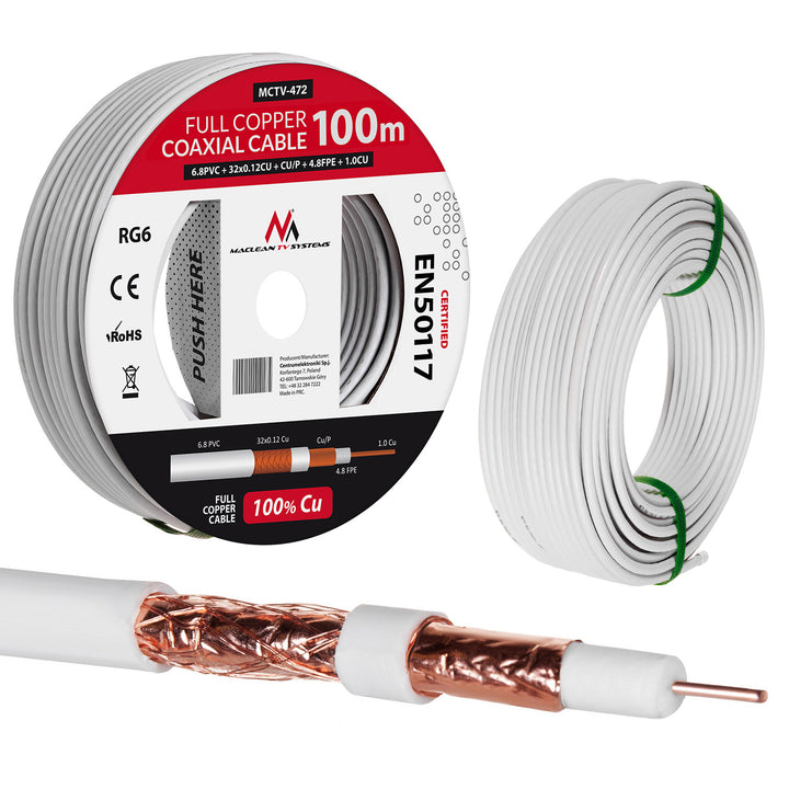 Cavo coassiale cavo RG6 100M Maclean MCTV-472 1.02CU + 4.8FPE + CU / P + 32 * 0.12CU + 6.8PVC