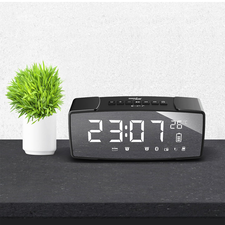 Radiosveglia Bluetooth 4.2, FM, aux-in, 6W, temperatura, sveglia, orologio, batteria GreenBlue GB200 da 2200 mAh