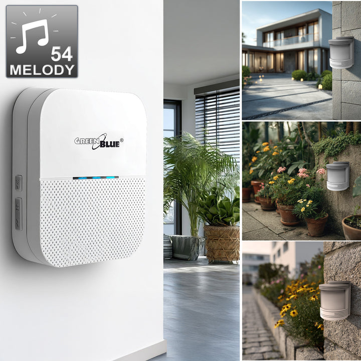 Sirena di ingresso wireless, sensore di movimento 52 GreenBlue GB212 melodie bianche, 230 V, max.8 sensori