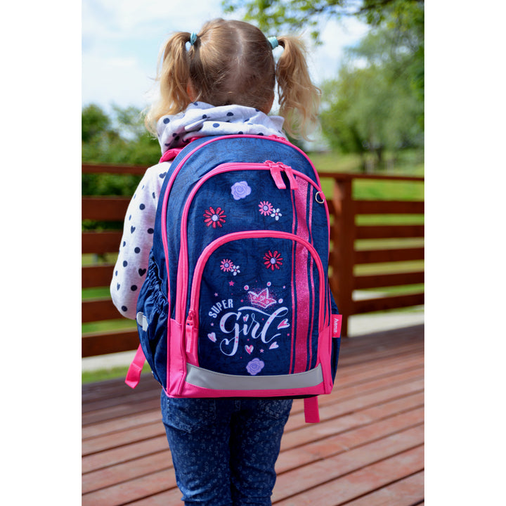 Zaino scuola Hama, schienale sagomato, catarifrangenti, Jeans Girl