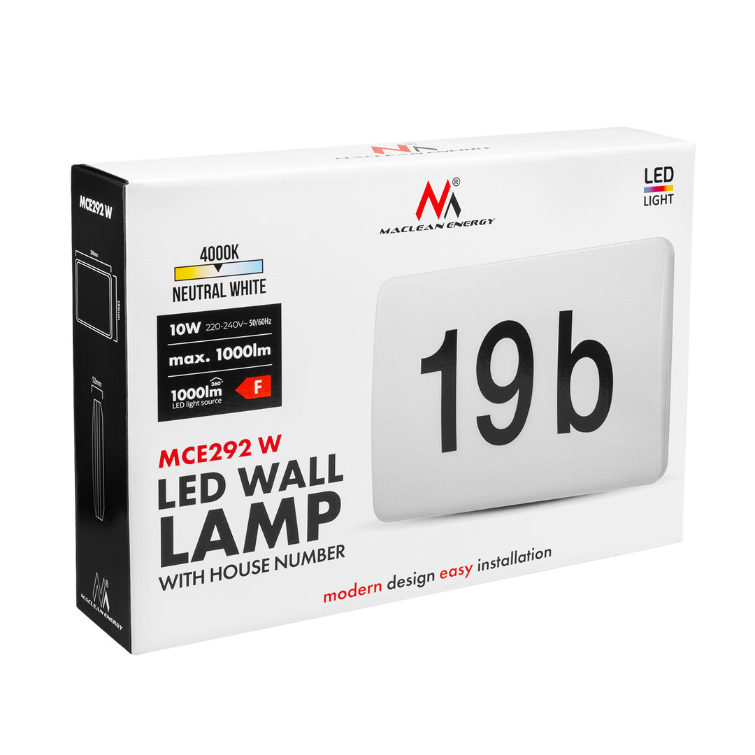 Lampada LED Maclean, numero civico, con sensore crepuscolare, bianca, max 10 W, IP65, luce neutra (4000 K), max 1000 lm, MCE292 W