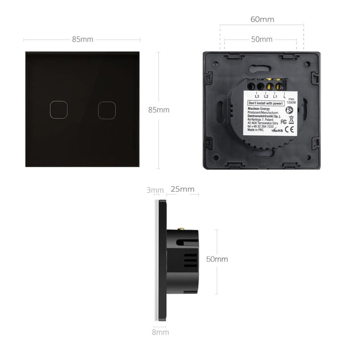 Interruttore touch, singolo, vetro, nero con pulsante quadrato Maclean Energy MCE701B, dimensioni 86x86mm, con illuminazione dei pulsanti