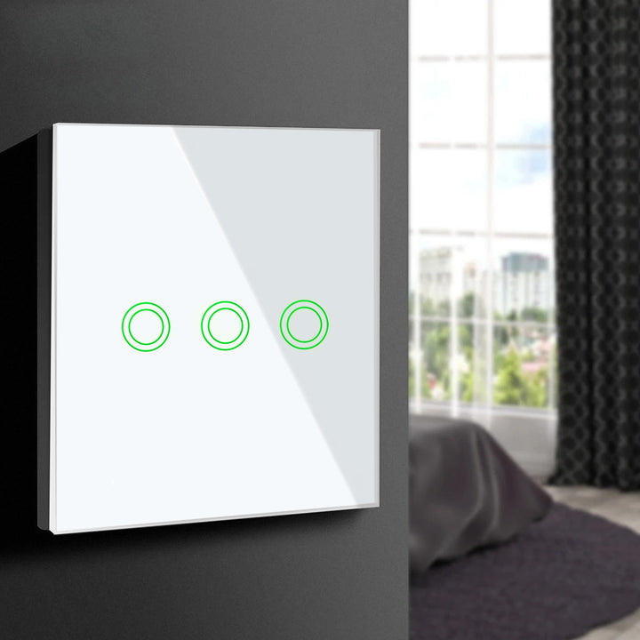 Interruttore touch light, triplo, vetro, bianco con pulsante tondo Maclean Energy MCE705W, dimensioni 86x86mm, con illuminazione pulsanti
