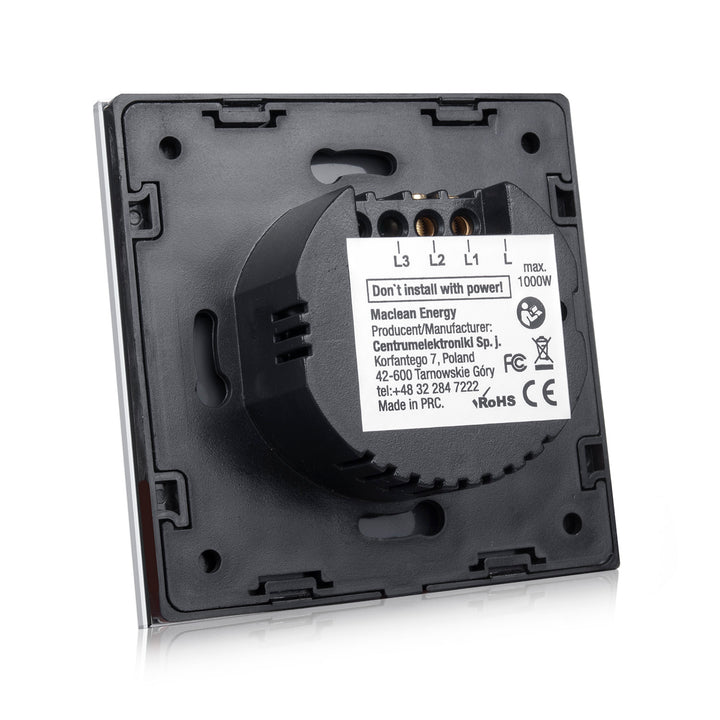 Interruttore touch light, triplo, vetro, nero con pulsante tondo Maclean Energy MCE705B, dimensioni 86x86mm, con illuminazione pulsanti