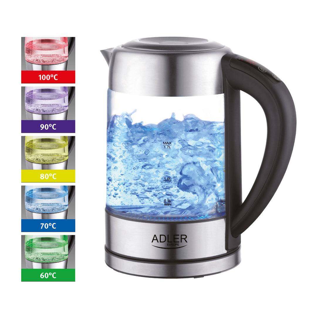 Bollitore in vetro retroilluminato 1.7L con controllo della temperatura Adler AD 1247 NUOVO