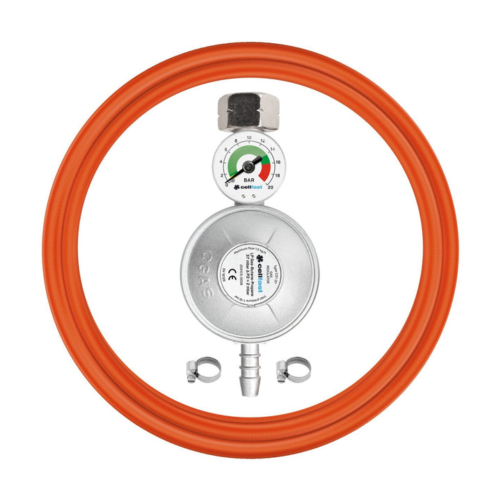 Set Cellfast Regolatore di gas con manometro, tubo flessibile 2 x morsetti