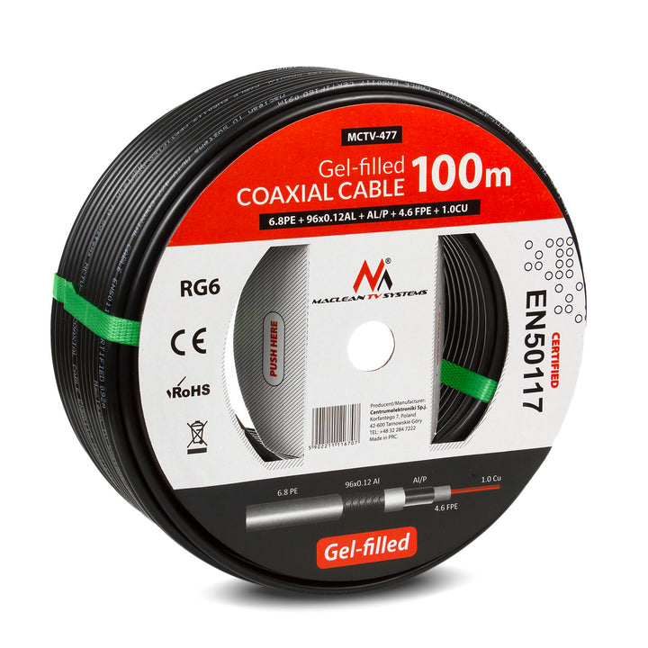 Cavo coassiale gel cavo coassiale RG6 100M Maclean MCTV-477 1.0CU + 4.6FPE + AL / P + 96 * 0.12AL + 6.8PE