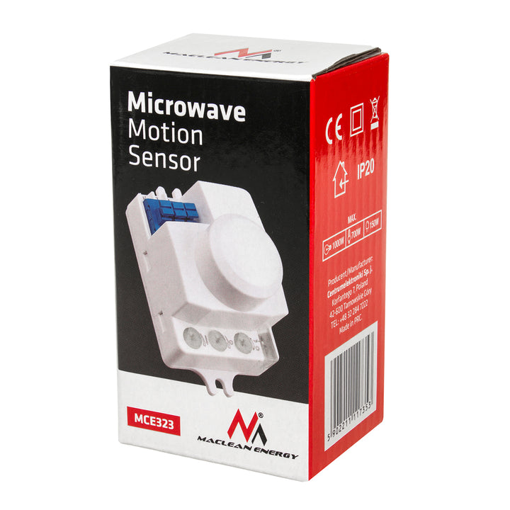 Sensore di movimento a microonde Maclean Energy MCE323 con livello di intensità della luce regolabile, tempo di illuminazione e sensibilità / intervallo operativo
