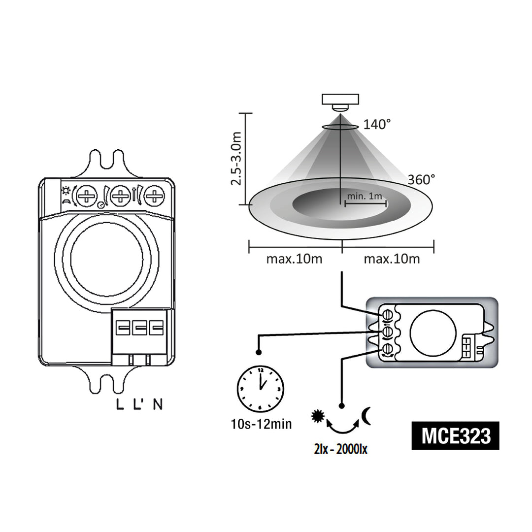 Sensore di movimento a microonde Maclean Energy MCE323 con livello di intensità della luce regolabile, tempo di illuminazione e sensibilità / intervallo operativo