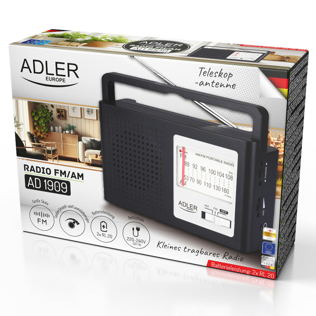 Radio Adler, portatile, AM e FM, antenna, funzionamento a rete e a batteria, AD 1909