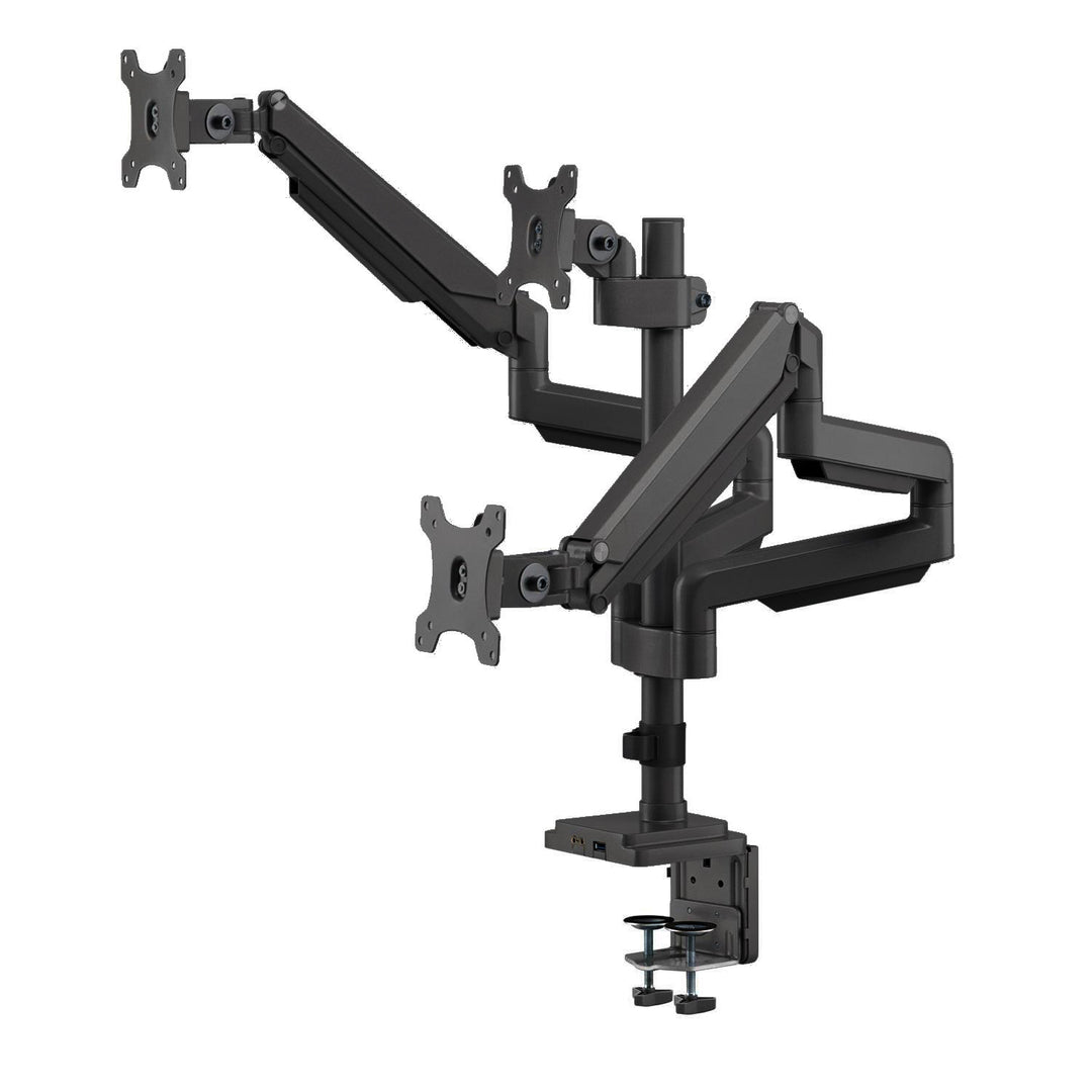 Supporto da scrivania per tre monitor con molla a gas USB 3.0, regolabile in altezza, inclinabile, girevole da 13"-30" fino a 7 kg,