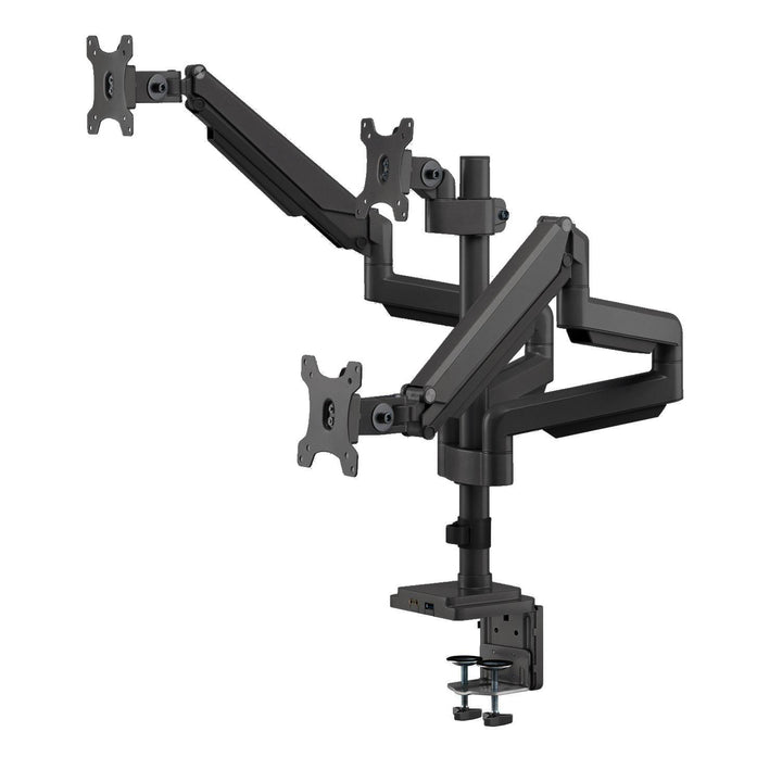 Supporto da scrivania per tre monitor con molla a gas USB 3.0, regolabile in altezza, inclinabile, girevole da 13"-30" fino a 7 kg,