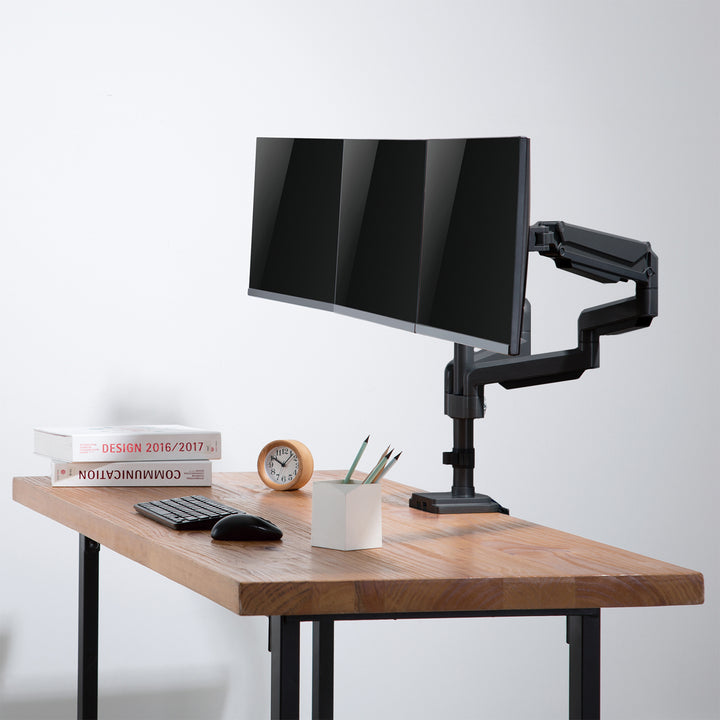 Supporto da scrivania per tre monitor con molla a gas USB 3.0, regolabile in altezza, inclinabile, girevole da 13"-30" fino a 7 kg,