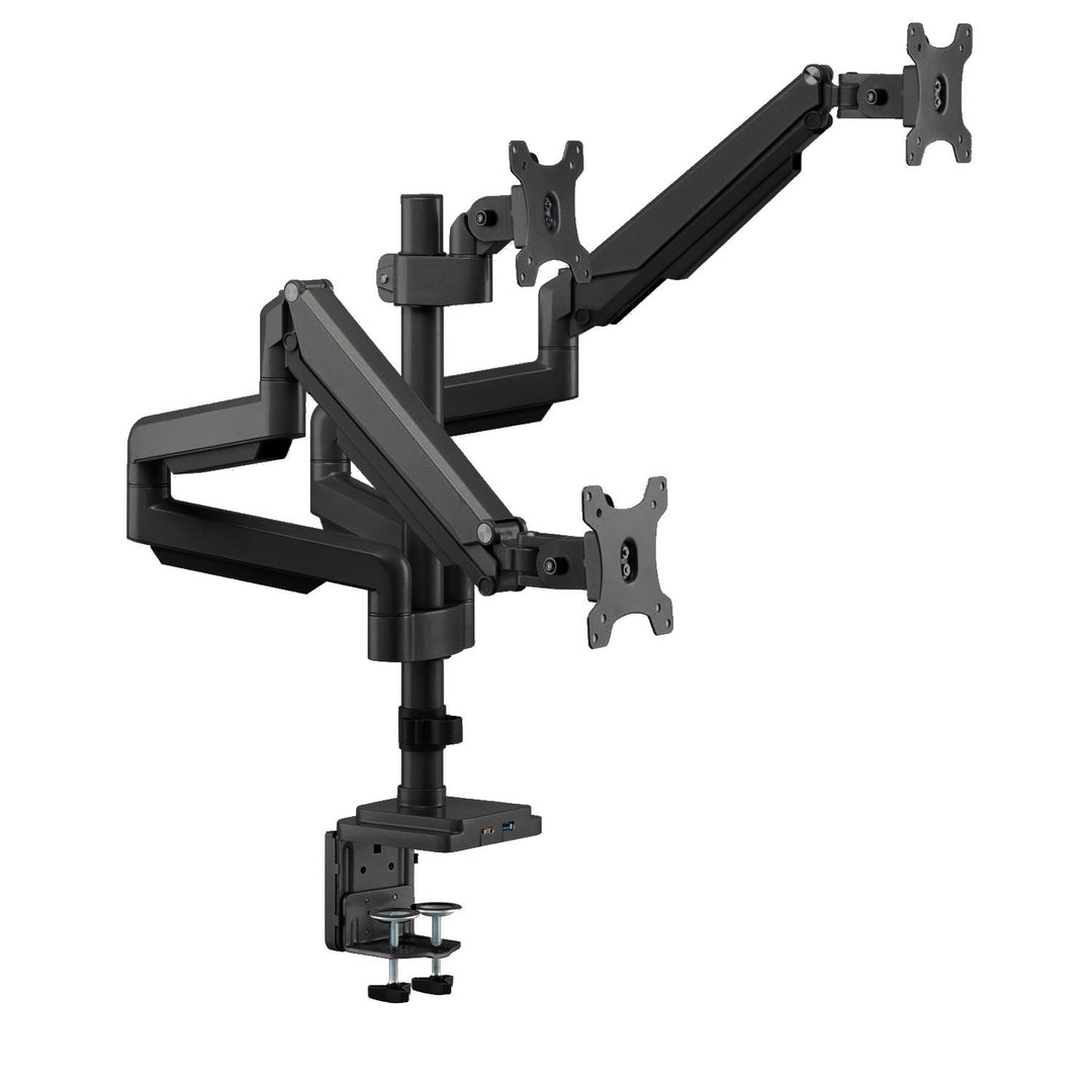 Supporto da scrivania per tre monitor con molla a gas USB 3.0, regolabile in altezza, inclinabile, girevole da 13"-30" fino a 7 kg,
