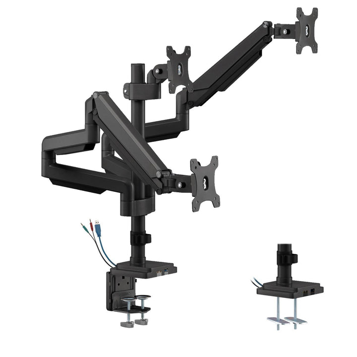Supporto da scrivania per tre monitor con molla a gas USB 3.0, regolabile in altezza, inclinabile, girevole da 13"-30" fino a 7 kg,
