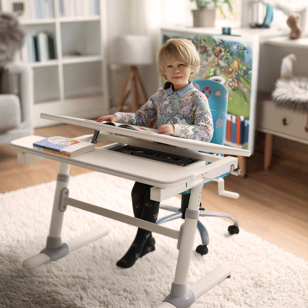 Ergo Office ER-41 Scrivania ergonomica per bambini con regolazione dell'altezza e dell'inclinazione Scrivania per bambini fino a 100 kg Cassetto Ganci per borse