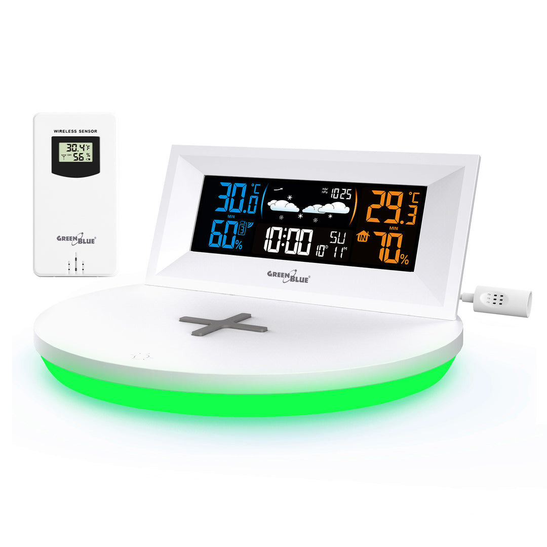 Green Blue GB213 Stazione meteorologica senza fili con caricatore wireless QiPrevisioni meteo Calendario Sveglia e Snooze Sensore esterno Termometro per interni ed esterni Display a colori