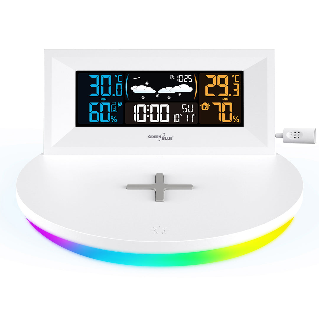 Green Blue GB213 Stazione meteorologica senza fili con caricatore wireless QiPrevisioni meteo Calendario Sveglia e Snooze Sensore esterno Termometro per interni ed esterni Display a colori