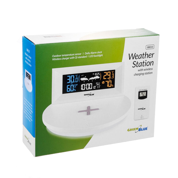 Green Blue GB213 Stazione meteorologica senza fili con caricatore wireless QiPrevisioni meteo Calendario Sveglia e Snooze Sensore esterno Termometro per interni ed esterni Display a colori