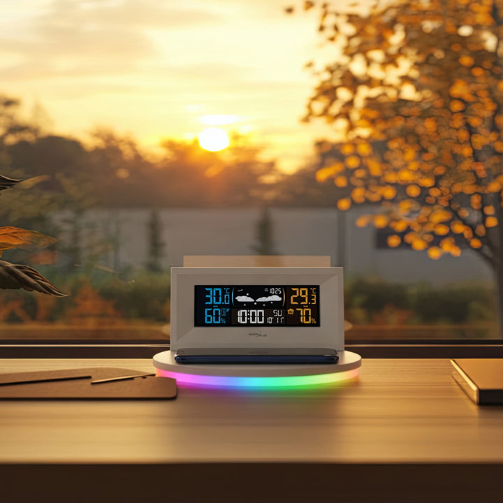 Green Blue GB213 Stazione meteorologica senza fili con caricatore wireless QiPrevisioni meteo Calendario Sveglia e Snooze Sensore esterno Termometro per interni ed esterni Display a colori