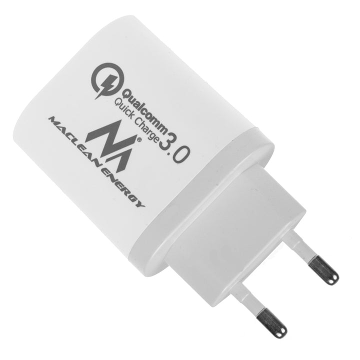 Caricabatterie 1xQC 3.0 Maclean Energy MCE479 W - bianco Qualcomm Quick Charge QC 3.0 - 3,6-6VV / 3A, 6-9V / 2A, 9-12V / 1,5A e 2 prese 5V / 2,1A