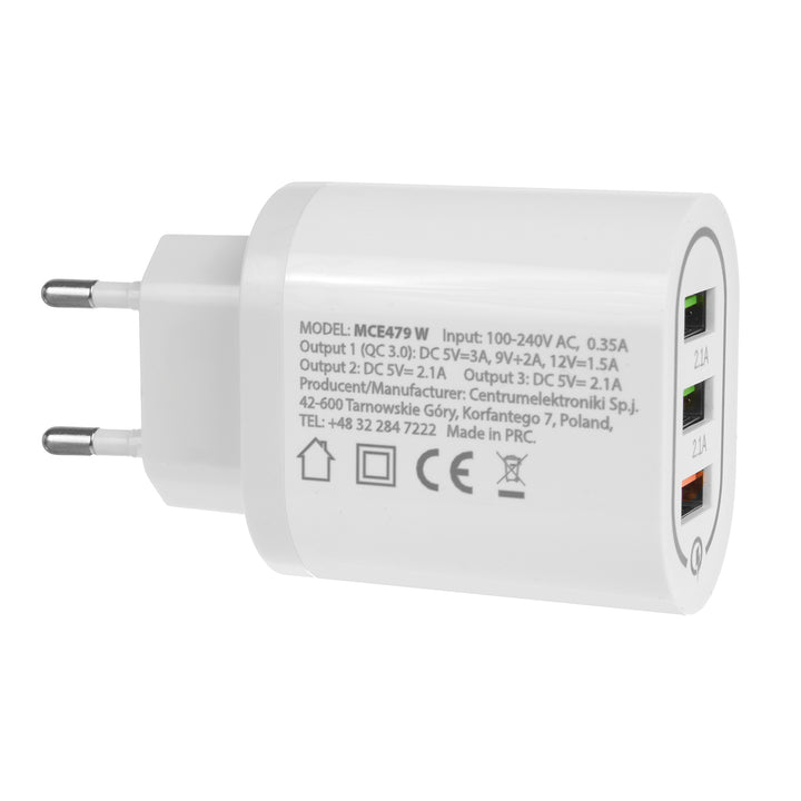 Caricabatterie 1xQC 3.0 Maclean Energy MCE479 W - bianco Qualcomm Quick Charge QC 3.0 - 3,6-6VV / 3A, 6-9V / 2A, 9-12V / 1,5A e 2 prese 5V / 2,1A