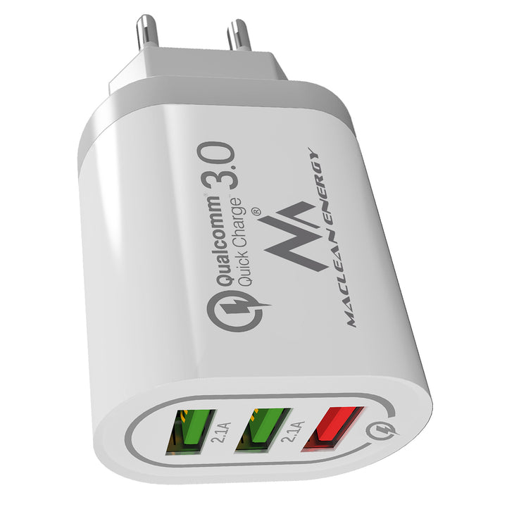 Caricabatterie 1xQC 3.0 Maclean Energy MCE479 W - bianco Qualcomm Quick Charge QC 3.0 - 3,6-6VV / 3A, 6-9V / 2A, 9-12V / 1,5A e 2 prese 5V / 2,1A